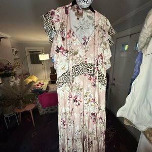 Anthropologie silk floral dress with leopard accent